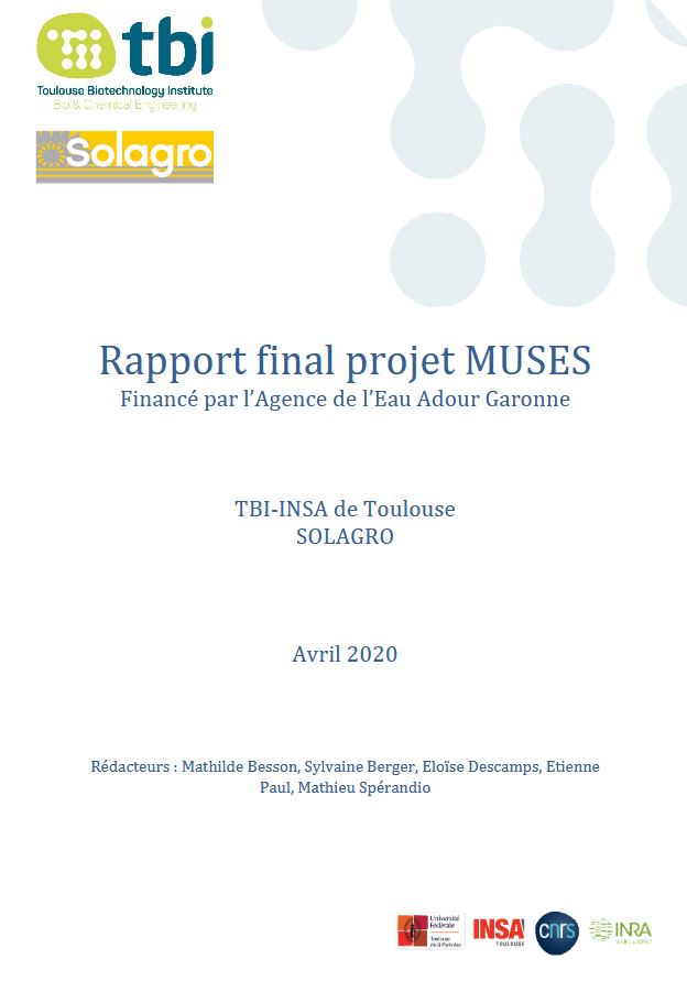 Page de garde du rapport final du projet MUSES financé par l'agence de l'eau Adour-Garonne. Ce document date d'avril 2020. Rédigé par TBI-INSA de Toulouse et SOLAGRO.